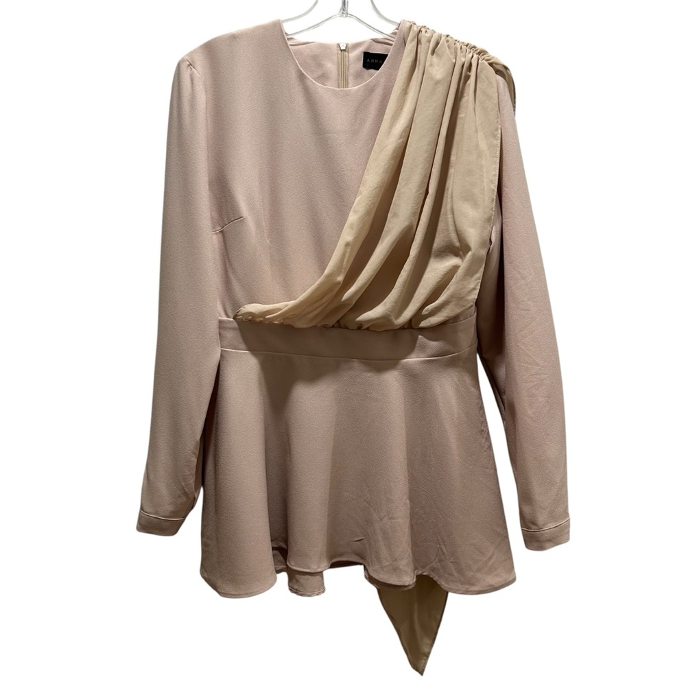 Annah Hariri Rose Beige Long Sleeve Tunic with Peplum and Drape - Size 10